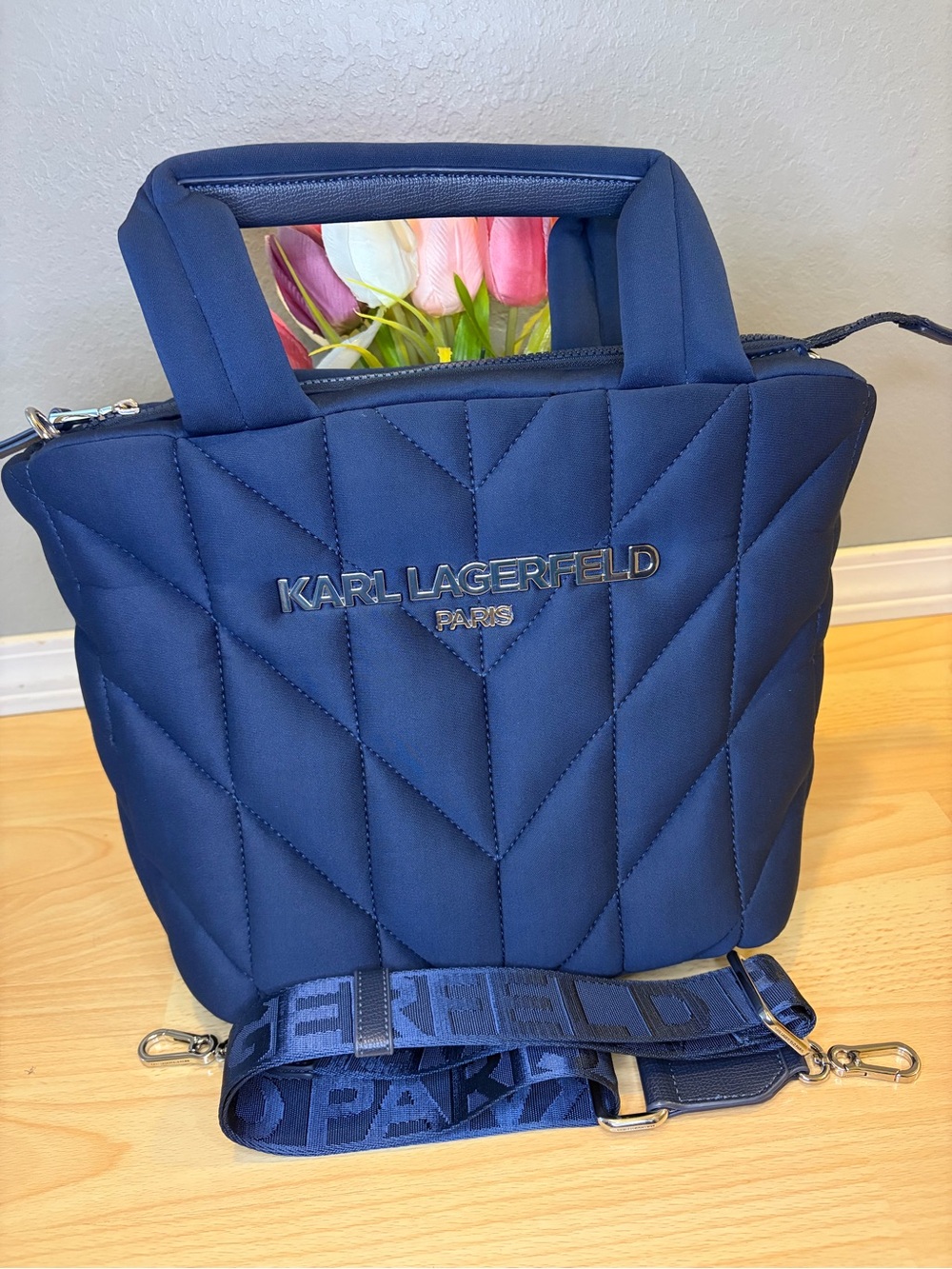 Karl Lagerfeld Navy Quilted Tote with Logo Strap